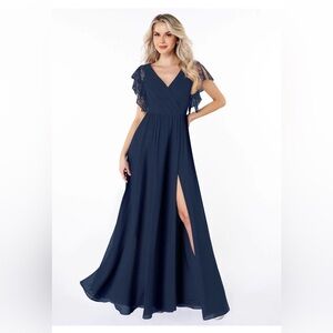 Azazie Midnight Blue Gown with Lace Sleeves